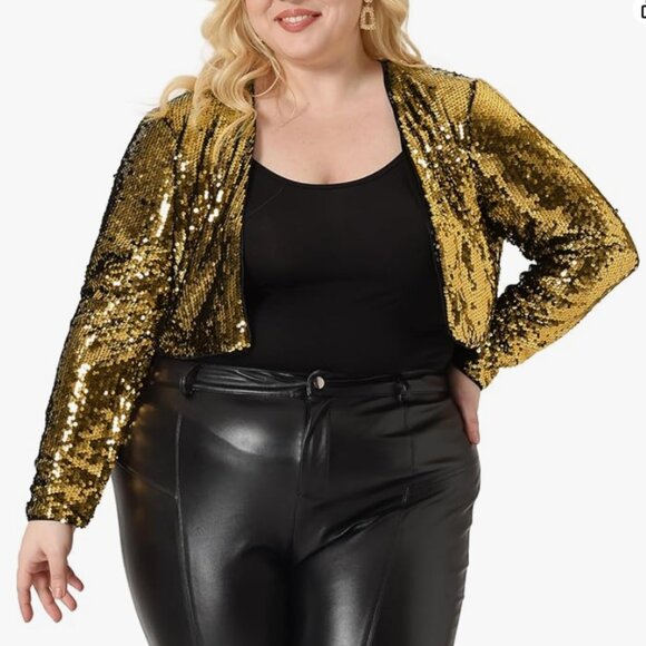 Agnes Orinda Open Front Gold Metallic Sequin Jacket - Plus size 4 - Picture 3 of 9